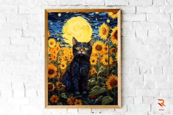 Cat Sunflowers Van Gogh Style Wall Art