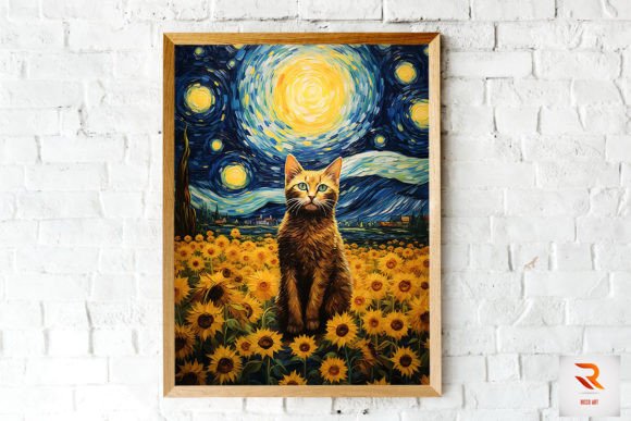 Cute Cat and Flowers Van Gogh Style