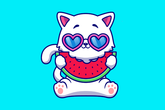 Cute Cat Eating Watermelon Fruit Cartoon
