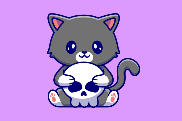 Cute Cat Holding Skull Bone Cartoon