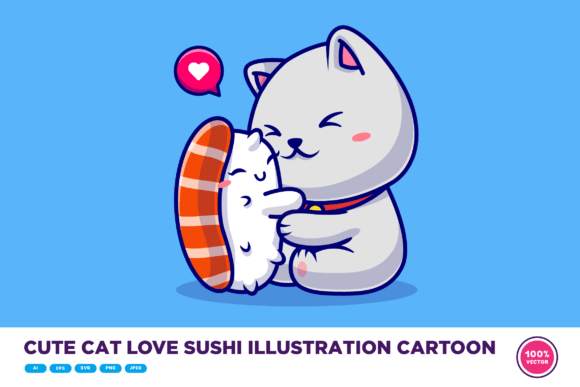 Cute Cat Love Sushi Illustration Cartoon