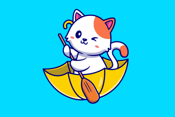 Cute Cat Rowing with Umbrella Boat