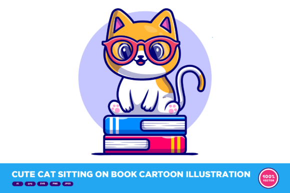 Cute Cat Sitting on Book Cartoon
