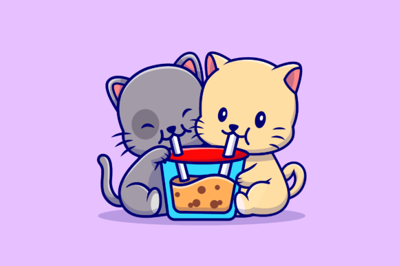 Cute Couple Cat Drink Boba Milk Tea