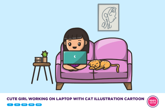 Cute Girl Working on Laptop with Cat