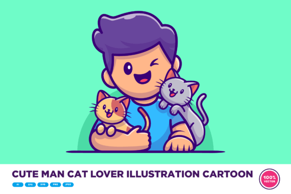 Cute Man Cat Lover Illustration Cartoon