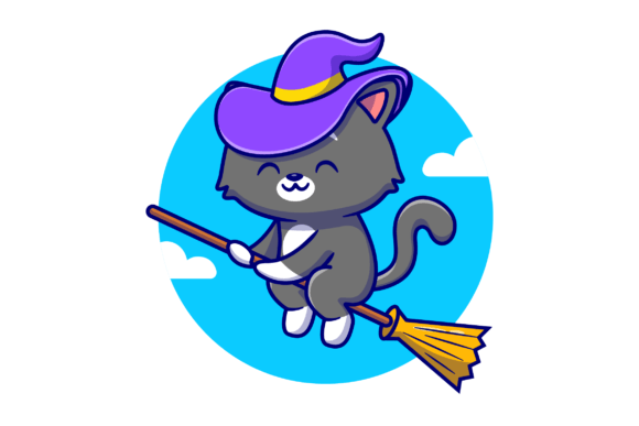 Cute Witch Cat Riding Magic Broom