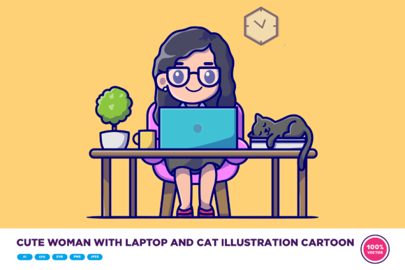Cute Woman with Laptop and Cat Cartoon