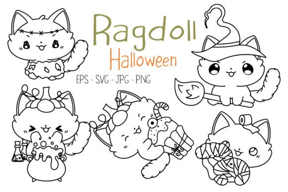 Set Halloween Ragdoll Cat Coloring Page