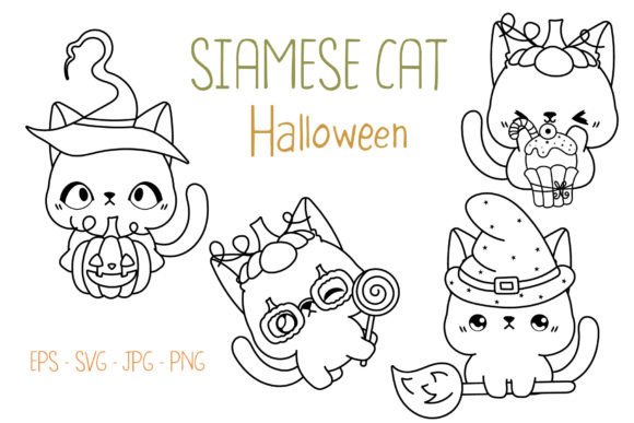 Set Halloween Siamese Cat Coloring Page