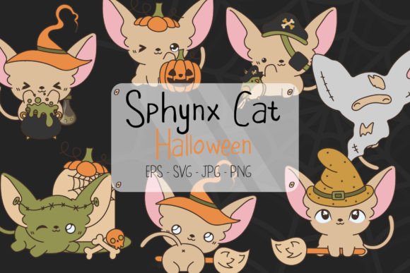 Set Halloween Sphynx Cat Illustration