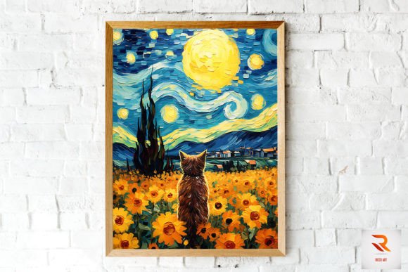 Van Gogh Style Cat Sunflowers Wall Art