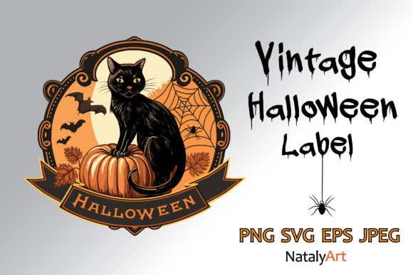Vintage Halloween Label with Black Cat